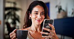 Coffee, smile and woman with phone on sofa in home with networking, contact or social media on mobile app. Happy, cellphone and person with warm beverage for communication online in living room.