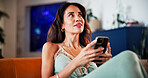 Thinking, phone and relax with woman on sofa for dating app, social media and text message. Matchmaking website, online relationship forum and reflection with person and mobile in living room of home