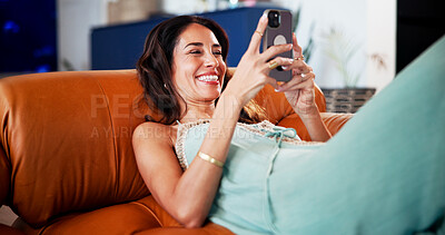 Buy stock photo Laughing, phone and woman on sofa in home with networking, contact or social media on mobile app. Happy, technology and female person with cellphone for funny blog online in living room at house.