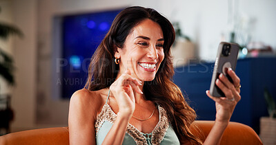 Buy stock photo Woman, wave and video call in home with phone, smile or connection for online communication on weekend. Happy, mature person and greeting in living room with tech, contact and virtual conversation.