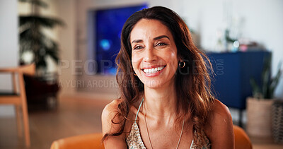 Buy stock photo Smile, freelancer and woman with ideas, home or inspiration for article, daydreaming and remote work. Thinking, journalist and mature person with project, happy and reflection for story in house