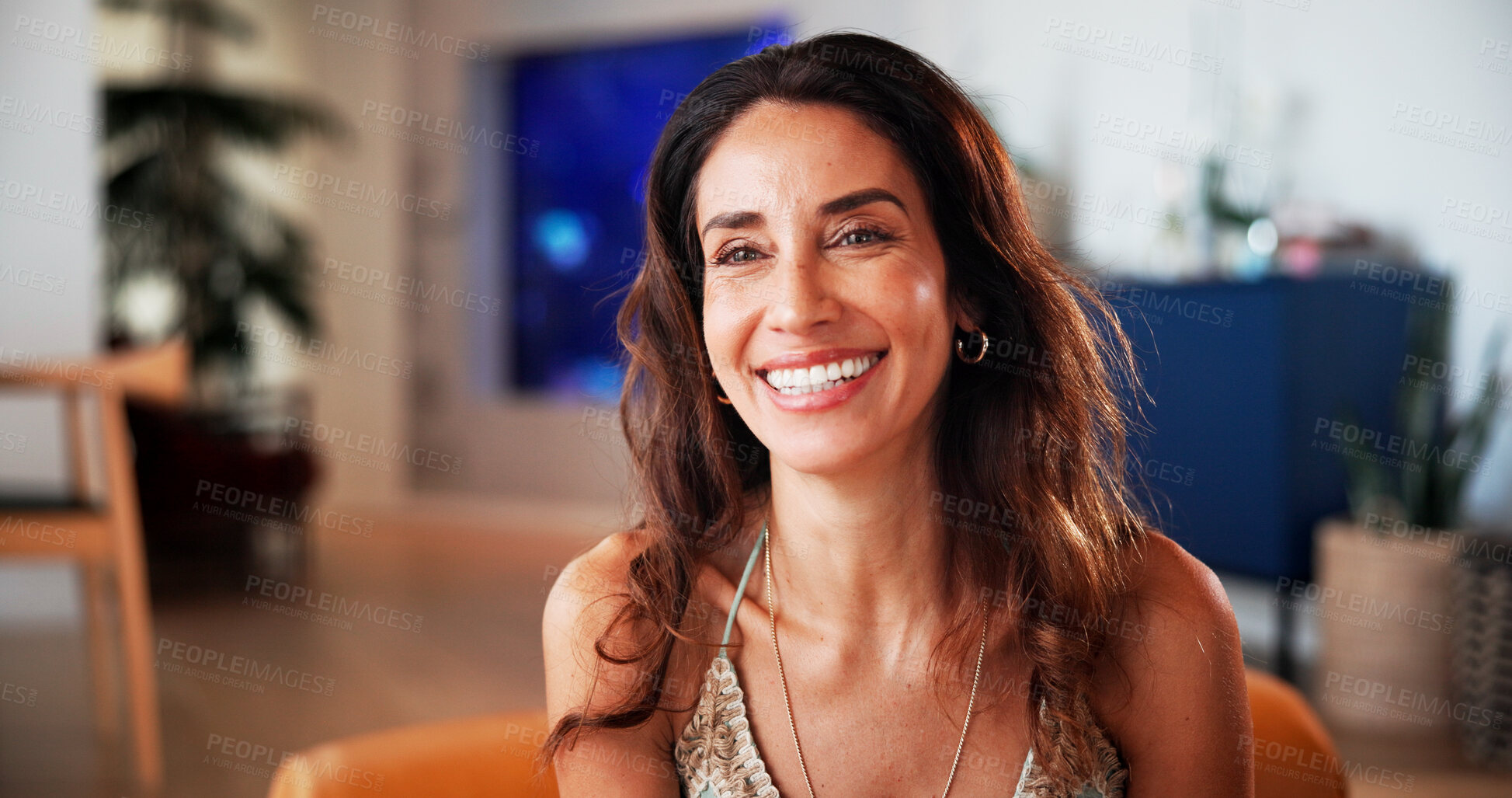 Buy stock photo Smile, freelancer and woman with ideas, home or inspiration for article, daydreaming and remote work. Thinking, journalist and mature person with project, happy and reflection for story in house