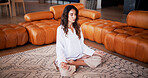 Meditation, zen and relax with woman in home for fitness, inner peace and chakra balance. Holistic wellness, breathing and spiritual wellbeing with mature person in living room of apartment for yoga