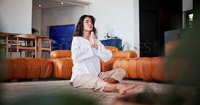 Buy stock photo Yoga, hands together and woman in lounge to relax, meditation and breathing exercise. Home, yogi and mature person on floor, mindfulness and fitness for holistic healing, chakra and zen for peace