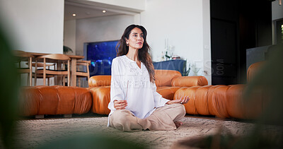 Buy stock photo Meditation, zen and peace with woman in home for fitness, relax and chakra balance. Holistic wellness, lotus pose and spiritual wellbeing with mature person in living room of apartment for yoga
