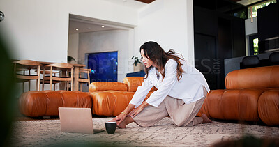 Buy stock photo Woman, yoga and stretching with laptop in living room for online class, streaming pilates post and wellness. Fitness, health course and balance with person and low lunge at home for peace and relax