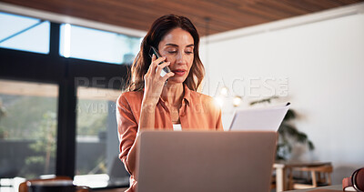Buy stock photo Laptop, phone call and businesswoman with documents in home with remote work for finance report. Computer, cellphone and financial manager on mobile discussion for investment paperwork in house.