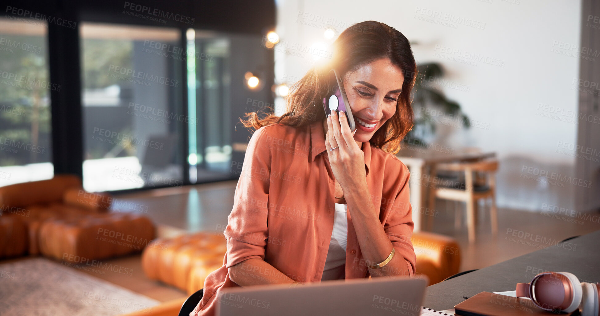 Buy stock photo Computer, phone call and businesswoman in home with remote work for finance report with negotiation. Laptop, flare and female financial manager on mobile discussion for investment review in house