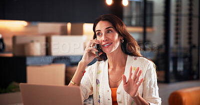 Buy stock photo Laptop, phone call and businesswoman in house with remote work for finance report with negotiation. Computer, cellphone and mature financial manager on mobile discussion for investment review in home