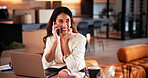 Smile, phone call and businesswoman with laptop in home with remote work for finance negotiation. Computer, cellphone and female financial manager on mobile discussion for investment review in house.