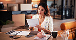 Document, freelancer and writing with proposal in home for publication, article and remote work. Reporter, journalist and female person with project, paperwork and planning for story editor in house
