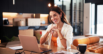 Buy stock photo Laptop, freelancer and smile with woman in home for planning, morning email or ebook author. Digital publishing, research or remote work with mature person in living room for editor and proofreading