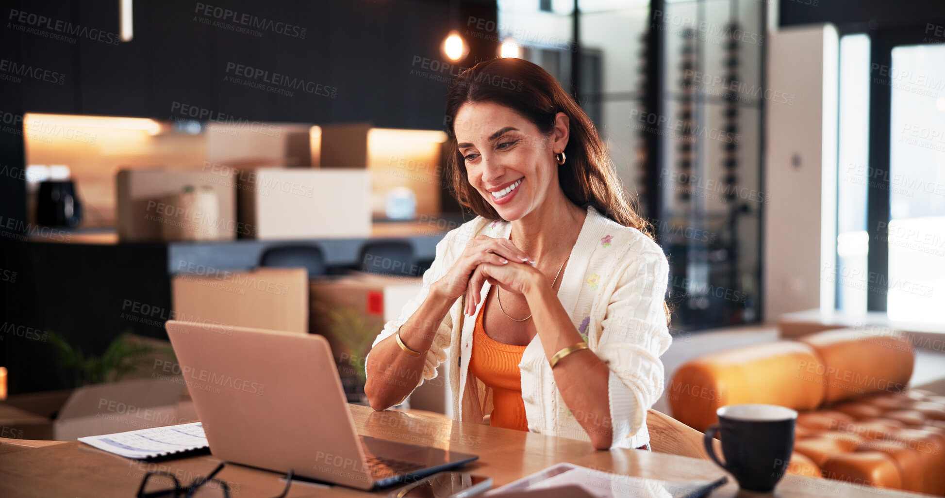 Buy stock photo Laptop, freelancer and smile with woman in home for planning, morning email or ebook author. Digital publishing, research or remote work with mature person in living room for editor and proofreading