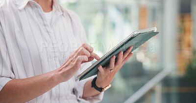 Buy stock photo Hands, tablet and typing report at startup with review, schedule or project management at media company. Person, tech and click on application for proposal, feedback or check notes at creative agency