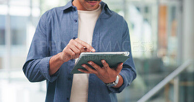 Buy stock photo Hands, tablet and typing notes at startup with review, schedule or project management at media company. Person, tech and click on application for proposal, feedback or checklist at creative agency