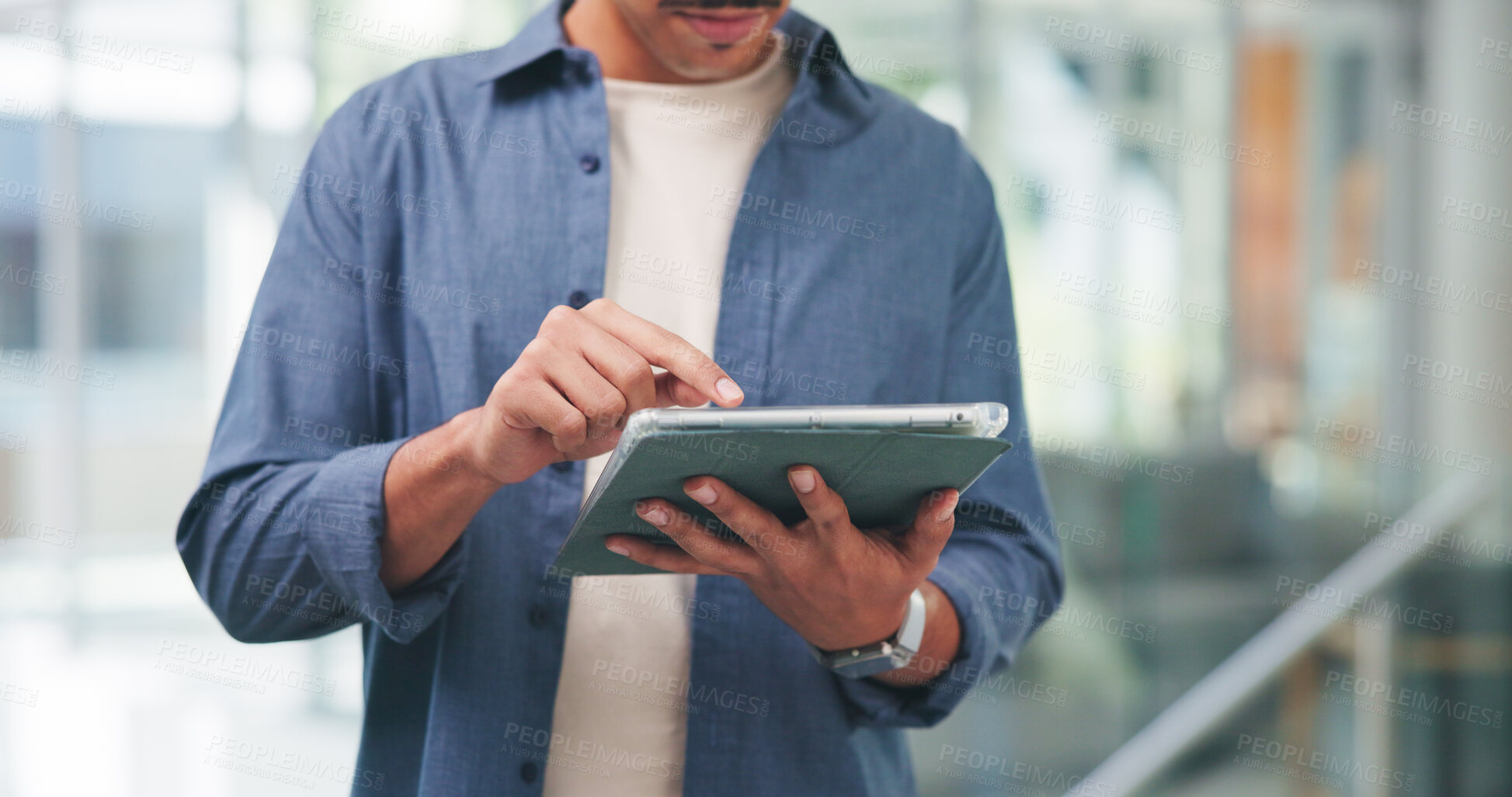 Buy stock photo Hands, tablet and typing notes at startup with review, schedule or project management at media company. Person, tech and click on application for proposal, feedback or checklist at creative agency