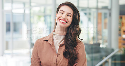 Buy stock photo Portrait, business and woman with smile in office for career pride, about us and news reporter. Happy, person and journalist with ambition, copywriting experience and internship at publication agency