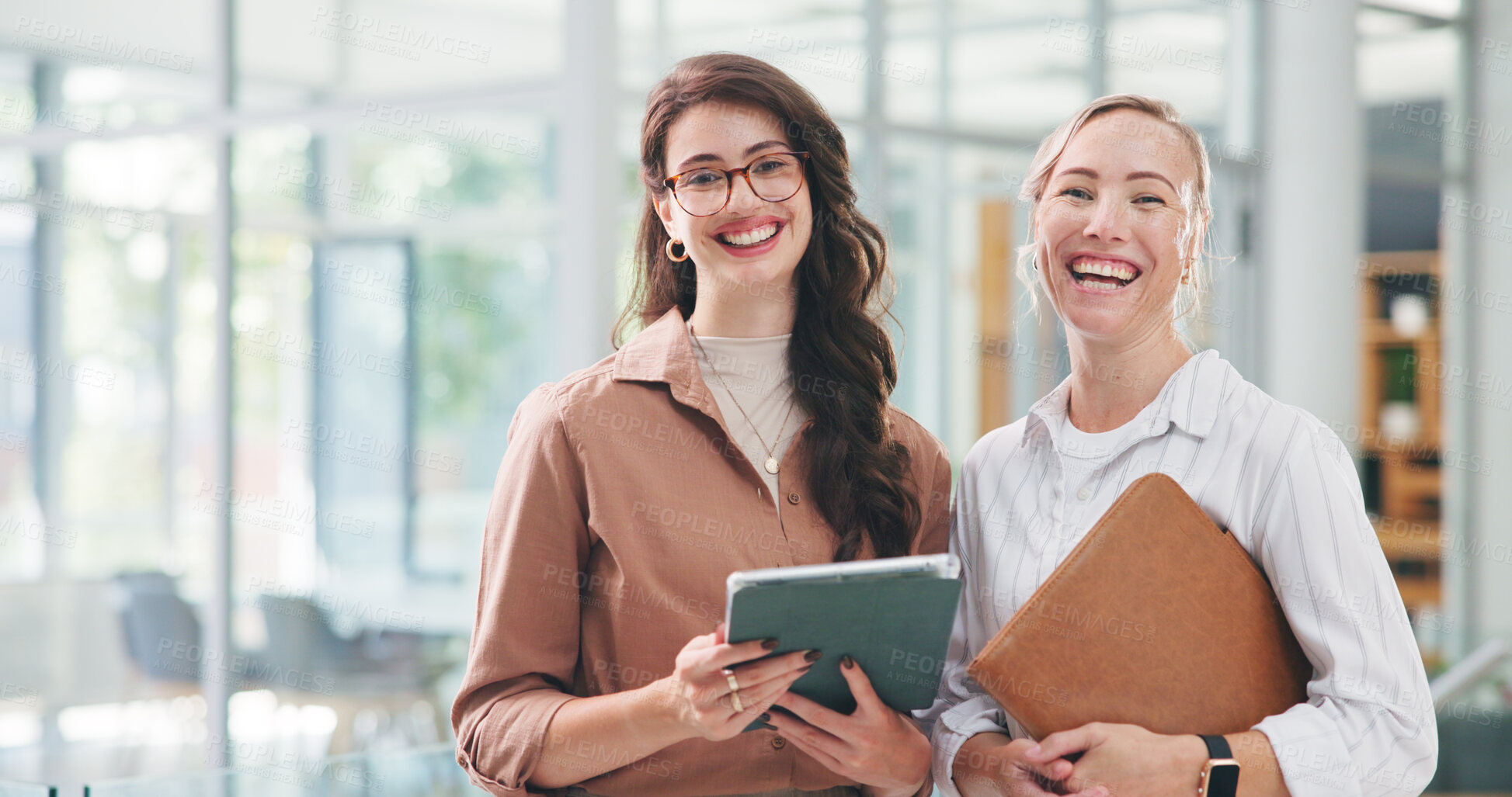 Buy stock photo Women, team and tablet with smile at startup for portrait in lobby, support or pride at media company. People, writer and editor for tech, collaboration or partnership for project at creative agency