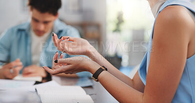 Buy stock photo Meeting, hands and woman with discussion at agency for topics review, writing advice and guidance. Journalism, editor and feedback with team in newsroom for editorial planning, creative ideas or tips
