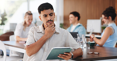 Buy stock photo Tablet, thinking and businessman in office for meeting on finance report with budget planning. Digital technology, team and male financial manager with ideas for investment proposal in workplace.