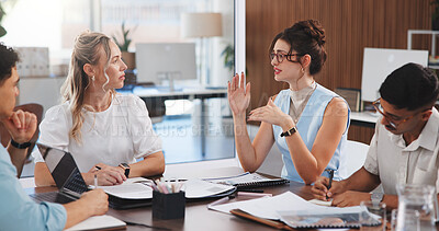 Buy stock photo Business, team and meeting with discussion in office for creative topics, story ideas and guidance. Journalists, people and feedback with notes in newsroom for editorial planning and article advice