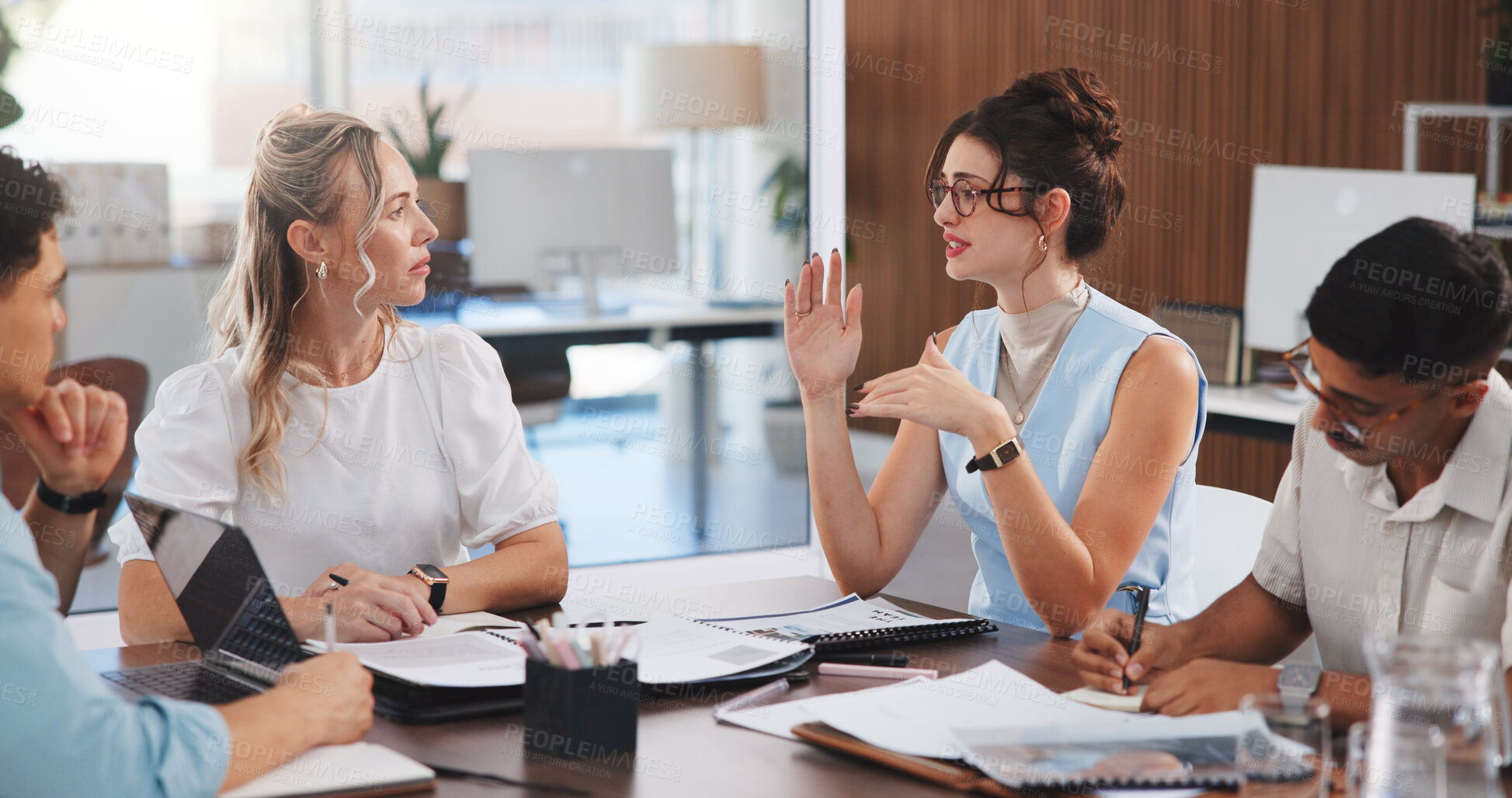 Buy stock photo Business, team and meeting with discussion in office for creative topics, story ideas and guidance. Journalists, people and feedback with notes in newsroom for editorial planning and article advice