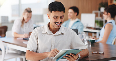 Buy stock photo Tablet, research and businessman in office for meeting on finance report with budget planning. Digital technology, team and male financial manager with email for investment proposal in workplace.