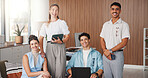 Happy people, team and portrait with tech at startup for meeting, collaboration and diversity at office. Group, men and women with smile, writer or editor for project management at creative agency