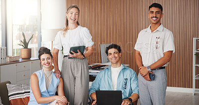 Buy stock photo Happy people, team and portrait with tech at startup for meeting, collaboration and diversity at office. Group, men and women with smile, writer or editor for project management at creative agency