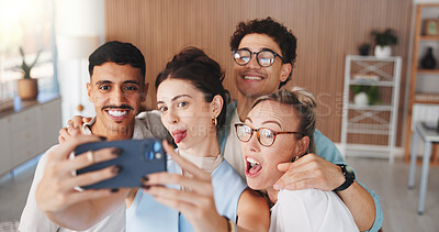 Buy stock photo Happy people, colleagues and selfie with team for photography, picture or memory together in office. Group, employees or friends with smile or app for capture moment or social media post in workplace