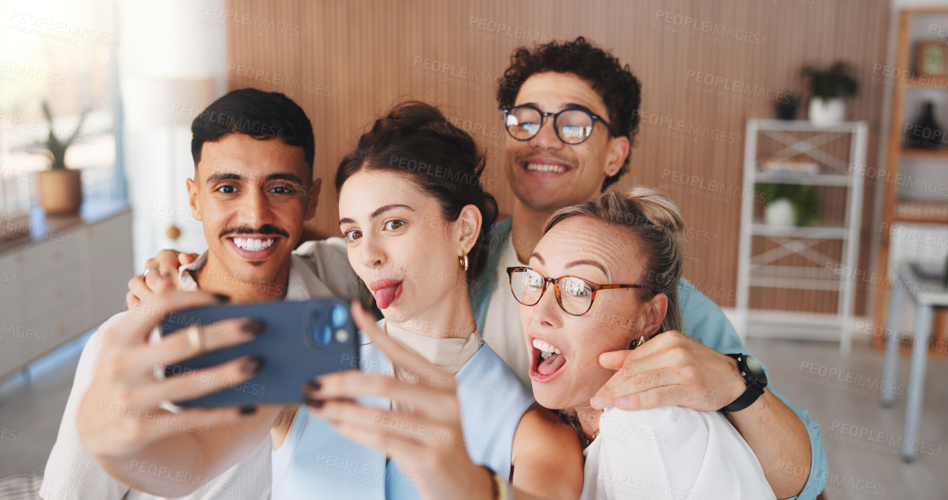 Buy stock photo Happy people, colleagues and selfie with team for photography, picture or memory together in office. Group, employees or friends with smile or app for capture moment or social media post in workplace
