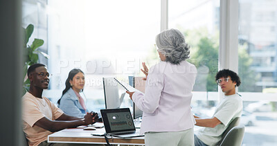 Buy stock photo Meeting, speaker and team with business people in office for it analysis, data solution or workshop. Software upgrade, collaboration and research with employees in tech agency for programmer planning