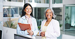 Portrait, business women and smile in office for accounting, consultant and coworking with team. Happy, female people and pride with mentor for finance management, investment training and opportunity
