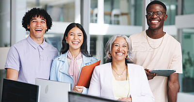 Buy stock photo Portrait, business people and smile in office for accounting, consultant and coworking with team. Happy, employees and pride with mentor for finance management, investment training and opportunity