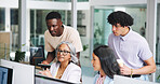 Meeting, computer and training with business people in office for it analysis, data solution or team. Software upgrade, collaboration or research with employees in tech agency for programmer coaching