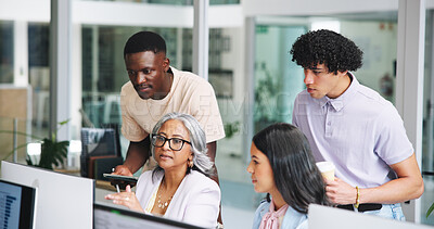 Buy stock photo Meeting, computer and training with business people in office for it analysis, data solution or team. Software upgrade, collaboration or research with employees in tech agency for programmer coaching