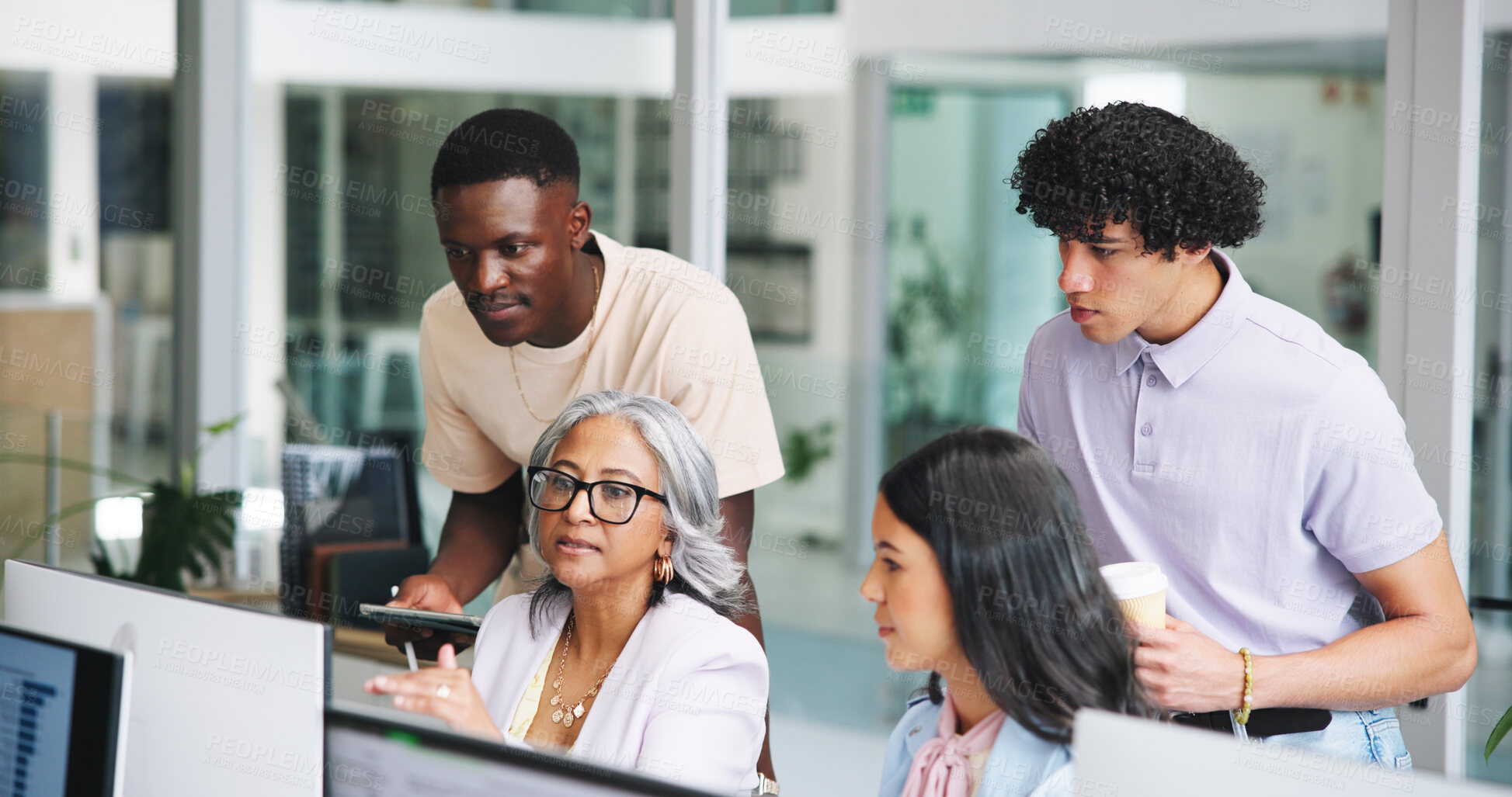 Buy stock photo Meeting, computer and training with business people in office for it analysis, data solution or team. Software upgrade, collaboration or research with employees in tech agency for programmer coaching