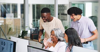 Buy stock photo Meeting, applause and success with business people in office for it analysis, data solution or team. Software upgrade, algorithm target and winner with employees in tech agency for programmer launch