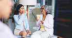 Coffee, talking and business women in office for meeting, discussion and networking in lobby. Corporate, professional and people with drink for conversation, caffeine break and planning for project