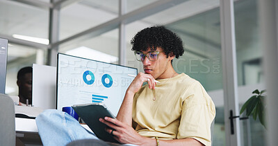 Buy stock photo Man, thinking and tablet in office with stylus, data analysis or insight for social media marketing. Person, coworking or problem solving in agency with tech, glasses or graphs for advertising stats.