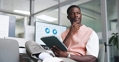 Buy stock photo Man, thinking and tablet in office with insight, data analysis or research for social media marketing. Black person, reflection or problem solving with tech, planning or charts for advertising stats.