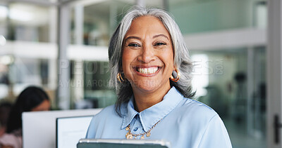 Buy stock photo Happy, office and portrait of business woman on tablet for stock market, investment agency or career. About us, mature and confident person with tech and smile for trading, finance analyst and job 