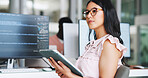 Thinking, woman and tablet for programming in office with research, planning and coding. Female person, tech and ideas for troubleshooting, website maintenance and problem solving for server update