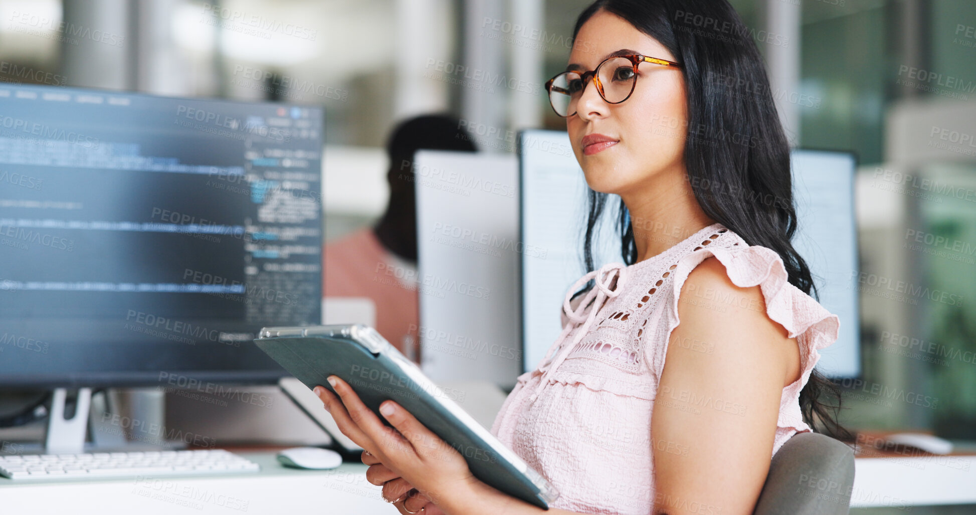 Buy stock photo Thinking, woman and tablet for programming in office with research, planning and coding. Female person, tech and ideas for troubleshooting, website maintenance and problem solving for server update