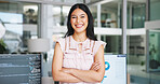 Happy woman, portrait and data analyst with confidence in office for software management. Female person, employee or programmer with smile or arms crossed for app development or version control