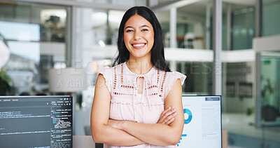 Buy stock photo Happy woman, portrait and data analyst with confidence in office for software management. Female person, employee or programmer with smile or arms crossed for app development or version control