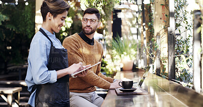 Buy stock photo Man, freelancer and waitress with tablet at cafe for online menu, order price or digital payment. Male person, smile and server with tech for customer service, review receipt and hospitality industry