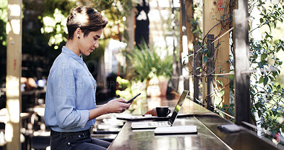 Buy stock photo Phone, remote work and typing with businesswoman in coffee shop for small business research. App, planning and report with freelance employee at outdoor cafe or restaurant for startup communication