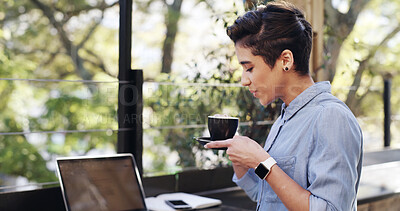 Buy stock photo Blow, coffee and remote work with businesswoman at restaurant for small business research. Cooling, drink and laptop with freelance employee at outdoor cafe for startup development or planning