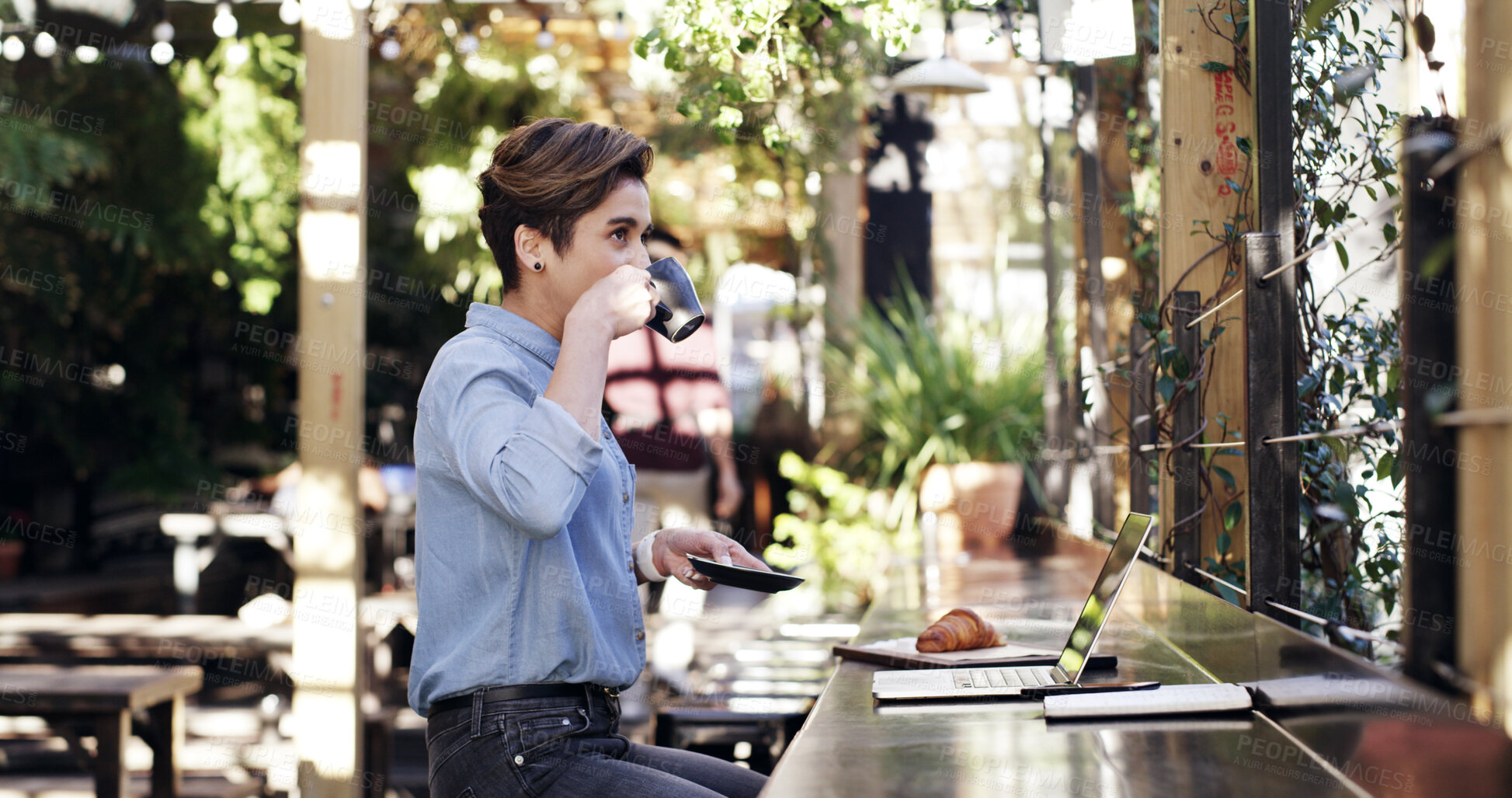 Buy stock photo Remote work, laptop or woman at cafe with coffee, draft edit or source feedback for article. Freelance, tech or journalist in restaurant with mug, blog fact check or industry research for publication